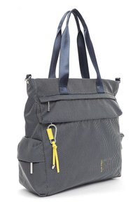 Borsa tote grigio scuro con texture, doppio manico, tasca frontale con cerniera e cursore giallo, e tasche laterali.