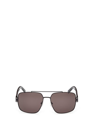 Ochelari de soare cu un cadru pătrat supradimensionat, de culoare maro închis, cu accente metalice și brațele semi-transparente; lentile polarizate pentru protecție UV.