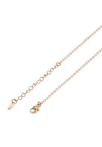 Rosa guldkæde med runde led og et hjerteformet design. Inkluderer en lobsterlås og en forlængerkæde til justering af længden.