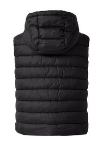 Schwarze, gesteppte ärmellose Steppweste mit horizontalen Nähten und abgenommenem gepolstertem Kapuzen, von hinten gezeigt.
