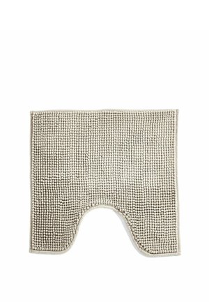 Soft beige rectangular bathroom rug with textured looped design and U-shaped cutout on one side for toilet base.
