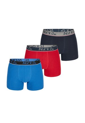 Three pairs of men's boxer briefs in blue, red, and navy, featuring a soft elastic waistband with grey accents and black lettering.