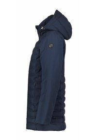 Marineblauwe gewatteerde jas met een capuchon, een doorgestikt ontwerp, ritszakken en een rond logopatch op de linkerschouder.