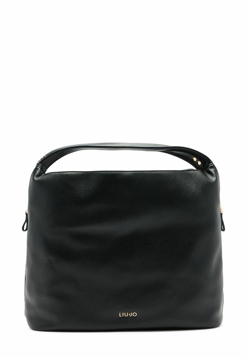Schwarze Lederhandtasche mit einem kurzen Griff und goldfarbenem Logo "LIUJO" am Boden, mit einer glatten Oberflächenstruktur.