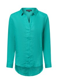 Teal shirt met lange mouwen en een V-hals, gemaakt van zachte stof. Heeft een rechte snit en een ronde zoom aan de achterkant.