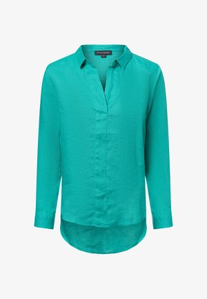 Teal shirt met lange mouwen en een V-hals, gemaakt van zachte stof. Heeft een rechte snit en een ronde zoom aan de achterkant.