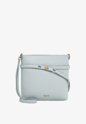 Jasnoniebieska skórzana torebka na ramię o gładkiej fakturze, złote okucia, regulowany pasek oraz zatrzask z przodu.