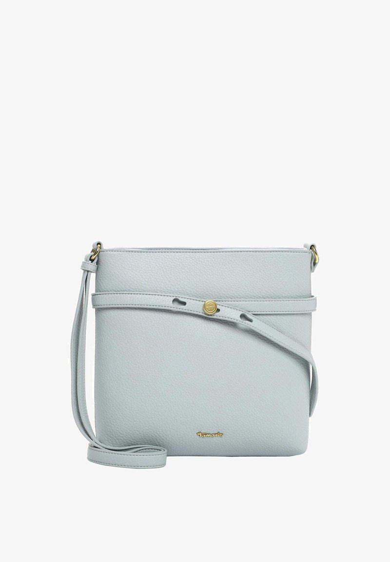 Jasnoniebieska skórzana torebka na ramię o gładkiej fakturze, złote okucia, regulowany pasek oraz zatrzask z przodu.