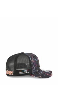 Black cap with a mesh back, featuring a colorful splatter pattern. Front displays "GSH" and a tag that reads "Crucial Catch Intercept Cancer."