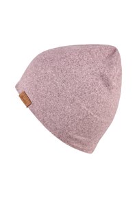 Pink beanie hat made of soft, textured fabric, with a slouchy design and a small leather tag accent on the side.