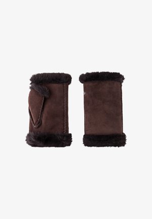 Brown suede fingerless gloves with dark faux fur cuffs. Stitched detailing along edges and side thumb opening for easy wear. Soft texture.