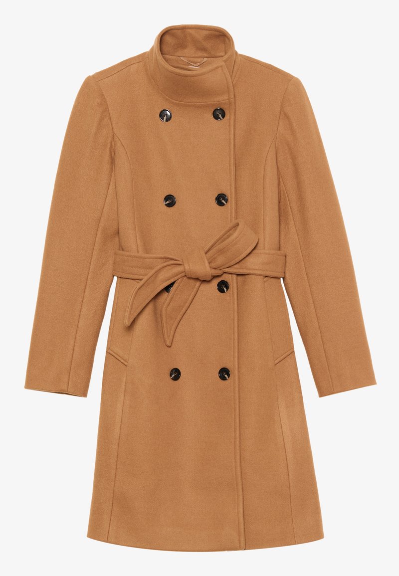 Manteau en mélange de laine couleur camel avec un col haut, design croisé, boutons noirs et ceinture à nouer. Il comprend des poches latérales.