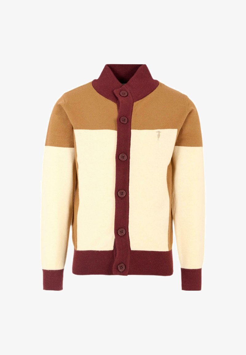 Wollen blend cardigan met een wijnrode knoopsluiting, met een kleurblokontwerp in beige, lichtbruin en donkerbruin.