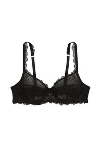 Soutien-gorge en dentelle noire avec des motifs floraux complexes, des bords en dentelle à festons, des bretelles réglables et un accent doré au centre. Matière semi-transparente.