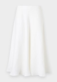 Λευκή midi φούστα σε σχήμα Α με λεία υφή και ελαφρύ φουσκωτό, φωτογραφημένη σε απλό φόντο.