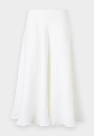 Valkoinen A-linjainen midihame, jossa on sileä pinta ja kevyt helma, valokuvattu yksiväristä taustaa vasten.