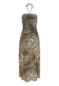 Løveprint kjole med en stropløs design, smocked bodice og flydende stof. Har et halterneck bånd bagpå. Farvepaletten inkluderer beige og brun.
