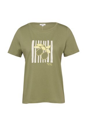 Groen T-shirt met korte mouwen en ronde hals, met een gele citroentakafbeelding en witte verticale strepen met de tekst "squeeze the day".