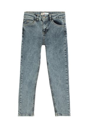 Jeans skinny realizzati in denim azzurro chiaro, con un tradizionale design a cinque tasche, chiusi con un bottone in metallo e zip.