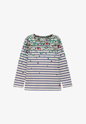 Ilgas rankovėmis smėlio spalvos marškinėliai su mėlynomis horizontaliomis juostelėmis, dekoruoti raudonomis braškėmis, žaliomis lapelėmis ir mažais baltais žiedeliais viršutinėje pusėje.