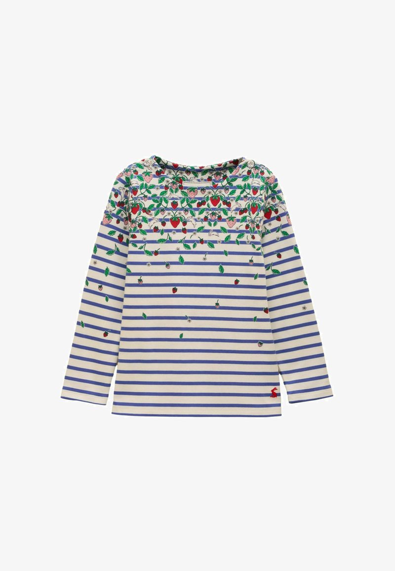 Pikkade varrukatega beež ülaosa siniste horisontaalsete triipudega, kaunistatud ülemisel poolel punaste maasikate, roheliste lehtede ja väikeste valgete õitega.