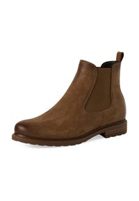 Stivali Chelsea marroni in pelle strutturata, con pannelli laterali elasticizzati e una linguetta sul retro, con tacco basso e una suola resistente.