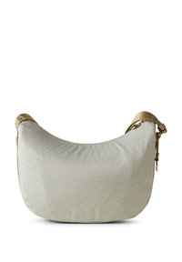 Light gray textured handbag with a curved shape, gold hardware, and an adjustable strap. Features a subtle pattern on the surface.