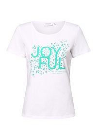Weißes Baumwoll-T-Shirt mit einem runden Ausschnitt, das mit türkisfarbigem Text "JOYFUL" und gemusterten Akzenten versehen ist, kurzen Ärmeln und einem lockeren Schnitt.
