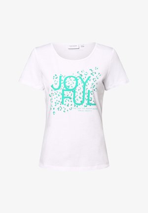 Weißes Baumwoll-T-Shirt mit einem runden Ausschnitt, das mit türkisfarbigem Text "JOYFUL" und gemusterten Akzenten versehen ist, kurzen Ärmeln und einem lockeren Schnitt.