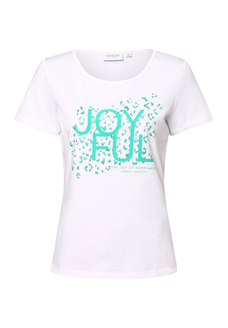 Weißes Baumwoll-T-Shirt mit einem runden Ausschnitt, das mit türkisfarbigem Text "JOYFUL" und gemusterten Akzenten versehen ist, kurzen Ärmeln und einem lockeren Schnitt.