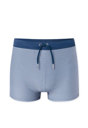 Blauwe zwemshort voor heren met een hexagonaal patroon, marineblauwe tailleband en verstelbare trekkoordsluiting aan de voorkant in het midden.