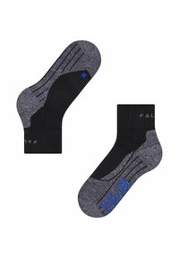 Calze alla caviglia nere e grigie con testo blu "FAKE = MK2 MN42 V COOL" sulla suola e "R" a contrassegnare il calzino destro.