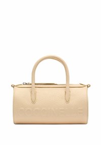 Beżowa skórzana torba na ramię o teksturowanym wykończeniu. Posiada dwa krótkie uchwyty oraz wytłoczony na froncie nazwę marki. Zamek błyskawiczny u góry.