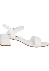 Weiße offene Sandale mit Blockabsatz und glatter Oberfläche, Knöchelriemen sowie minimalistischem Design. Verfügt über einen moderaten Blockabsatz für Stabilität.