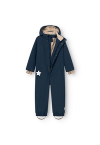 Marineblauer isolierter Overall mit beiger Futter, ausgestattet mit einem Stern-Patch, Reißverschluss und Druckknopfverschlüssen sowie elastischen Bündchen an den Knöcheln.