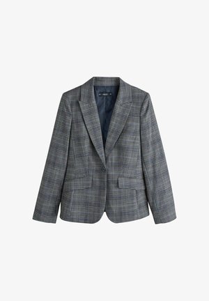 Grey and blue checked blazer with single button closure, notch lapels, front flap pockets, and long sleeves, shown on a white background.