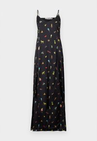 Schwarzes ärmelloses Maxikleid mit Spaghettiträgern, das farbenfrohe kleine Drucke von Tieren, Essen und anderen verspielten Symbolen zeigt.