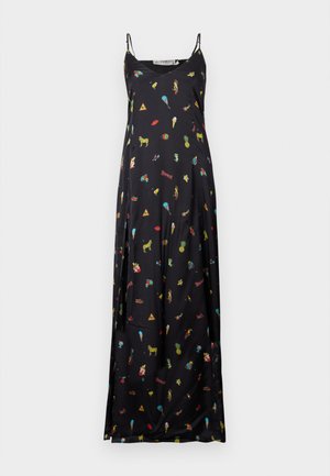 Black sleeveless maxi dress with spaghetti straps, featuring colorful small prints of animals, food, and other playful icons.