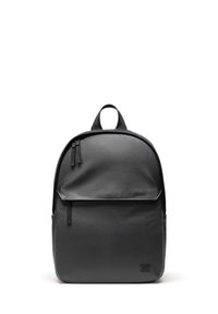 Sac à dos en cuir noir, de forme arrondie, avec fermeture à double zip, poche frontale et anse supérieure. Texture lisse avec un détail de logo embossé.