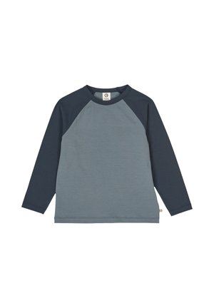Langsleeve shirt met een lichtblauwe body en donkerblauwe raglanmouwen. Katoenen materiaal met een ronde halslijn en gestikte zoom.