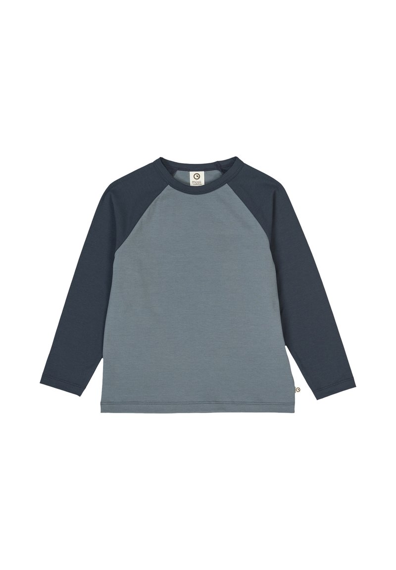 Tričko s dlouhým rukávem světle modré barvy s tmavě modrými raglánovými rukávy. Bavlněný materiál, kulatý výstřih a šitý lem.