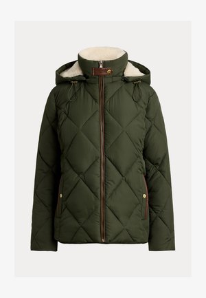 Quilted green puffer jacket with a faux fur-lined hood, zippered front, and brown leather accents on the collar and pockets.