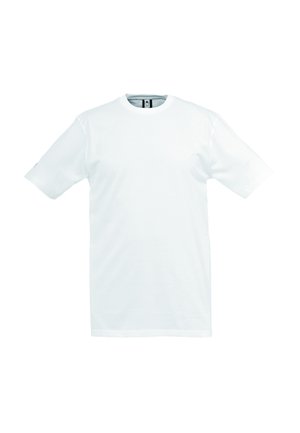 Hvid kortærmet t-shirt lavet af bomuld. Klassisk rund hals med en glat tekstur uden synlige mønstre eller detaljer.