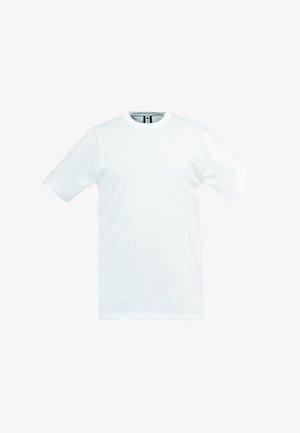Hvid kortærmet t-shirt lavet af bomuld. Klassisk rund hals med en glat tekstur uden synlige mønstre eller detaljer.