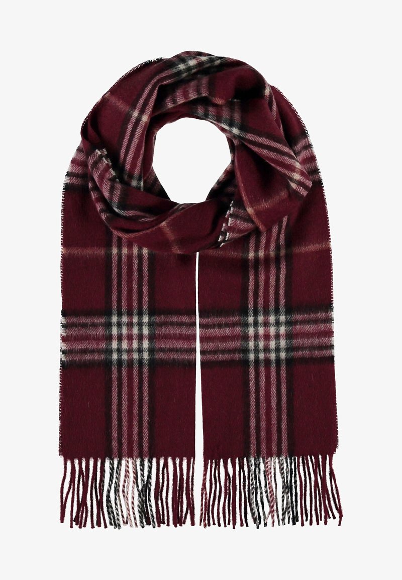 Écharpe à carreaux bordeaux en tissu doux, présentant un motif à carreaux avec des accents blancs et noirs, finie par des bords frangés.