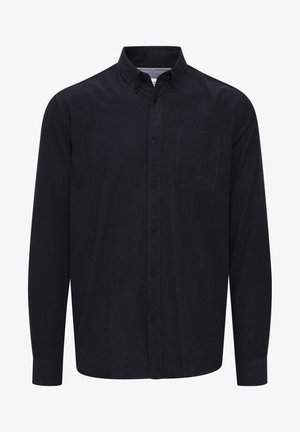 Donkerblauw overhemd met knopen van zachte stof, met een puntkraag, lange mouwen en een enkele borstzak. Gelaagd ontwerp.