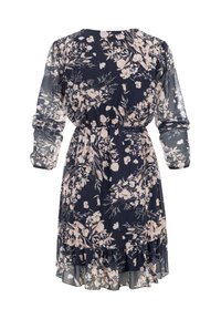 Marineblaues Blumenkleid mit transparenten langen Ärmeln, geraffter Taille und einem Volant-Saum, verziert mit hellrosa und weißen Blumenmustern.