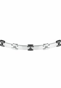 Bracciale argento e nero con maglie intrecciate, superficie lucida e dal design moderno con colori alternati.