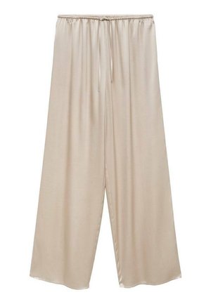 Pantalon large beige clair avec une texture lisse et brillante. Dispose d'une taille élastique avec un cordon de serrage pour un ajustement réglable.
