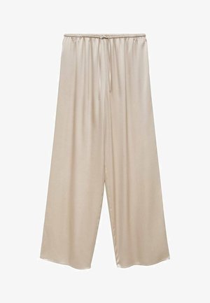 Pantalon large beige clair avec une texture lisse et brillante. Dispose d'une taille élastique avec un cordon de serrage pour un ajustement réglable.